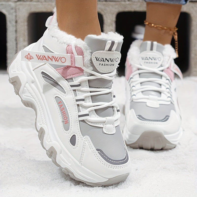 Women’s Cozy Fleece Snow Boots – White & Blue Non-Slip Thick Sole Winter Shoes