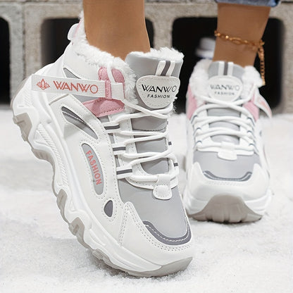 Women’s Cozy Fleece Snow Boots – White & Blue Non-Slip Thick Sole Winter Shoes