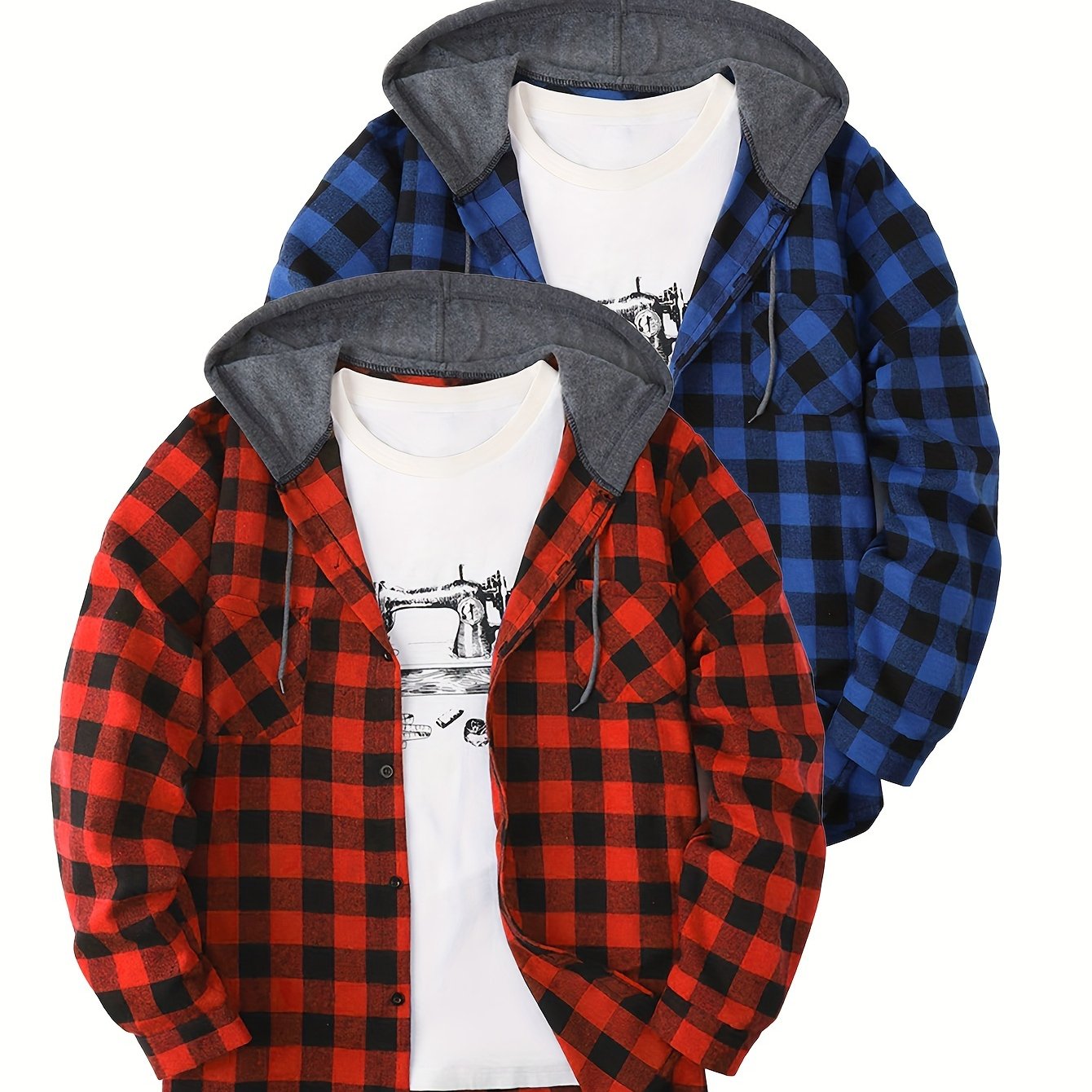 2-Piece Men’s Plaid Hooded Shirts – Button-Up Sweater Jacket Set