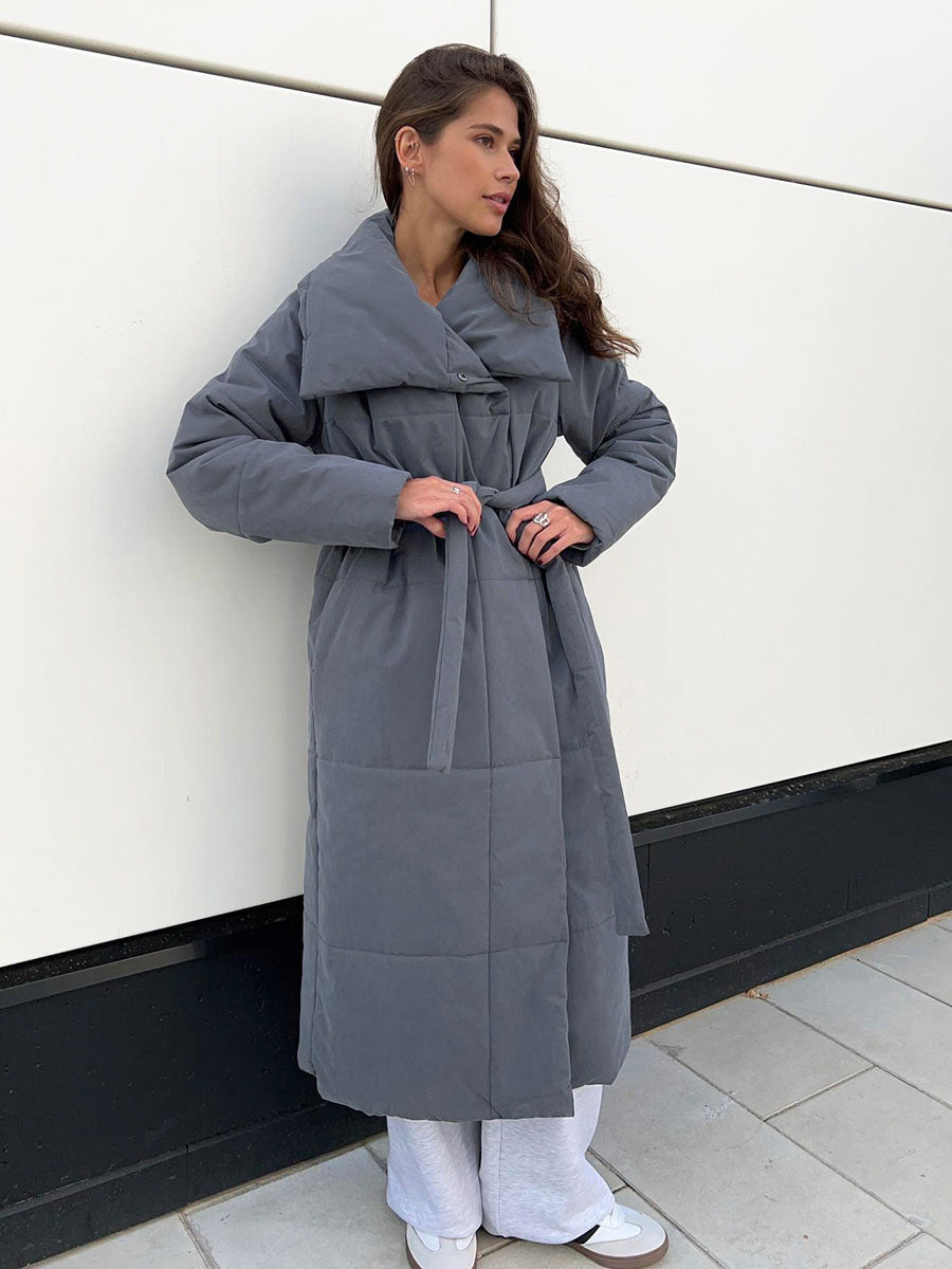 Loom & Soul™ Women’s Large Lapel Winter Coat – Warm Cotton Padded Long Jacket with Belt & Pockets