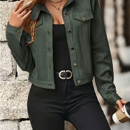 Vintage Suede Jacket – Women’s Stand Collar Button-Up Chic Spring/Fall Coat