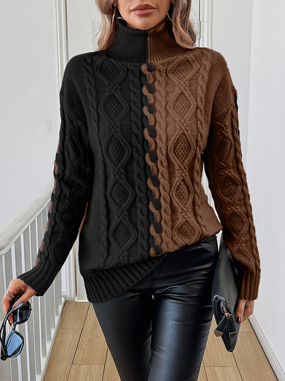 Elegant High-Neck Striped Blouse – Color-Block Knit Long Sleeve Top