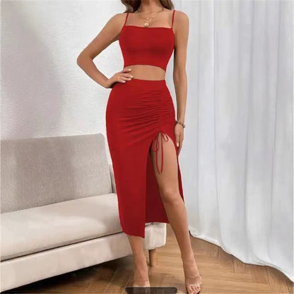 Conjunto de vestido midi sin mangas con abertura – Elegante conjunto de dos piezas ajustado