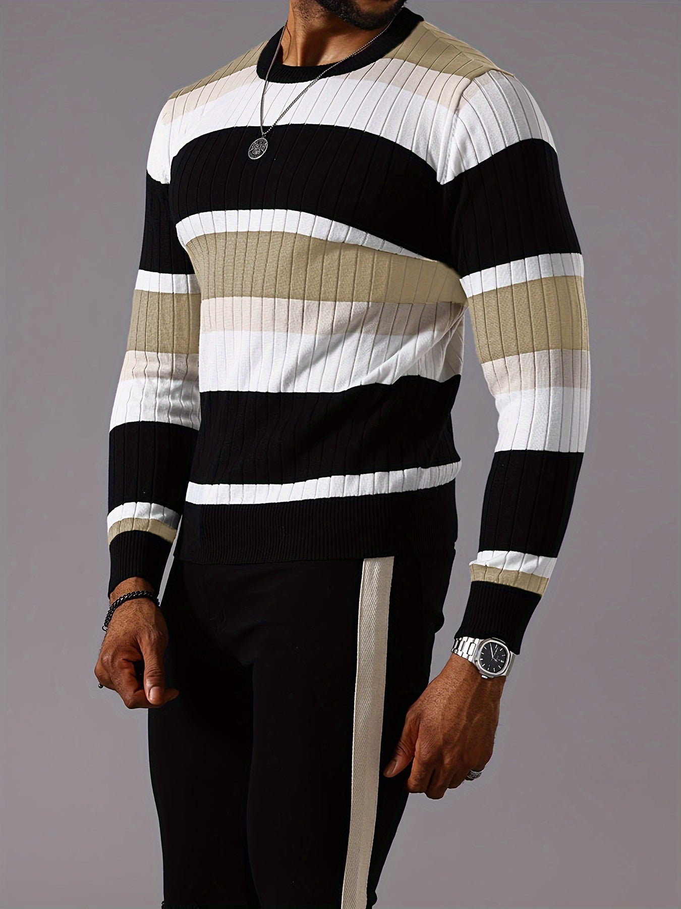Men’s Striped Ribbed Knit Sweater – Color-Block Fall Winter Pullover