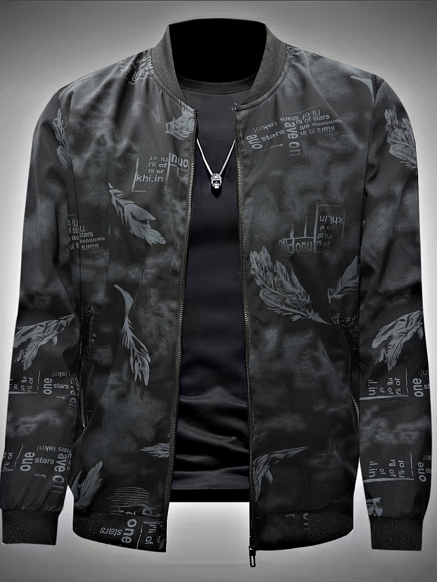 Men’s Feather Print Track Jacket – Zip-Up Baseball Collar Street Coat