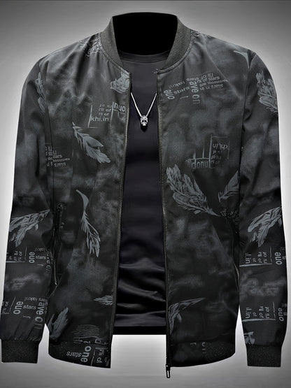 Men’s Feather Print Track Jacket – Zip-Up Baseball Collar Street Coat