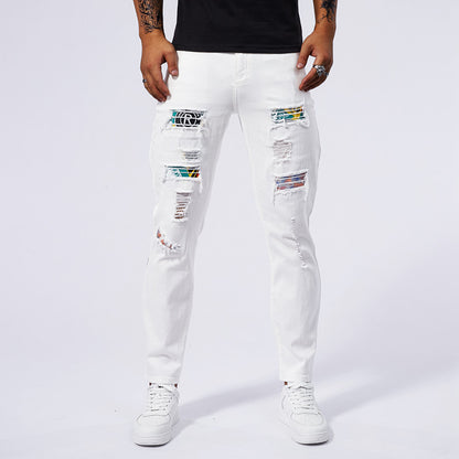 Loom & Soul™ Hole Patch Washed Jeans – Men’s Slim-Fit White Denim Pants