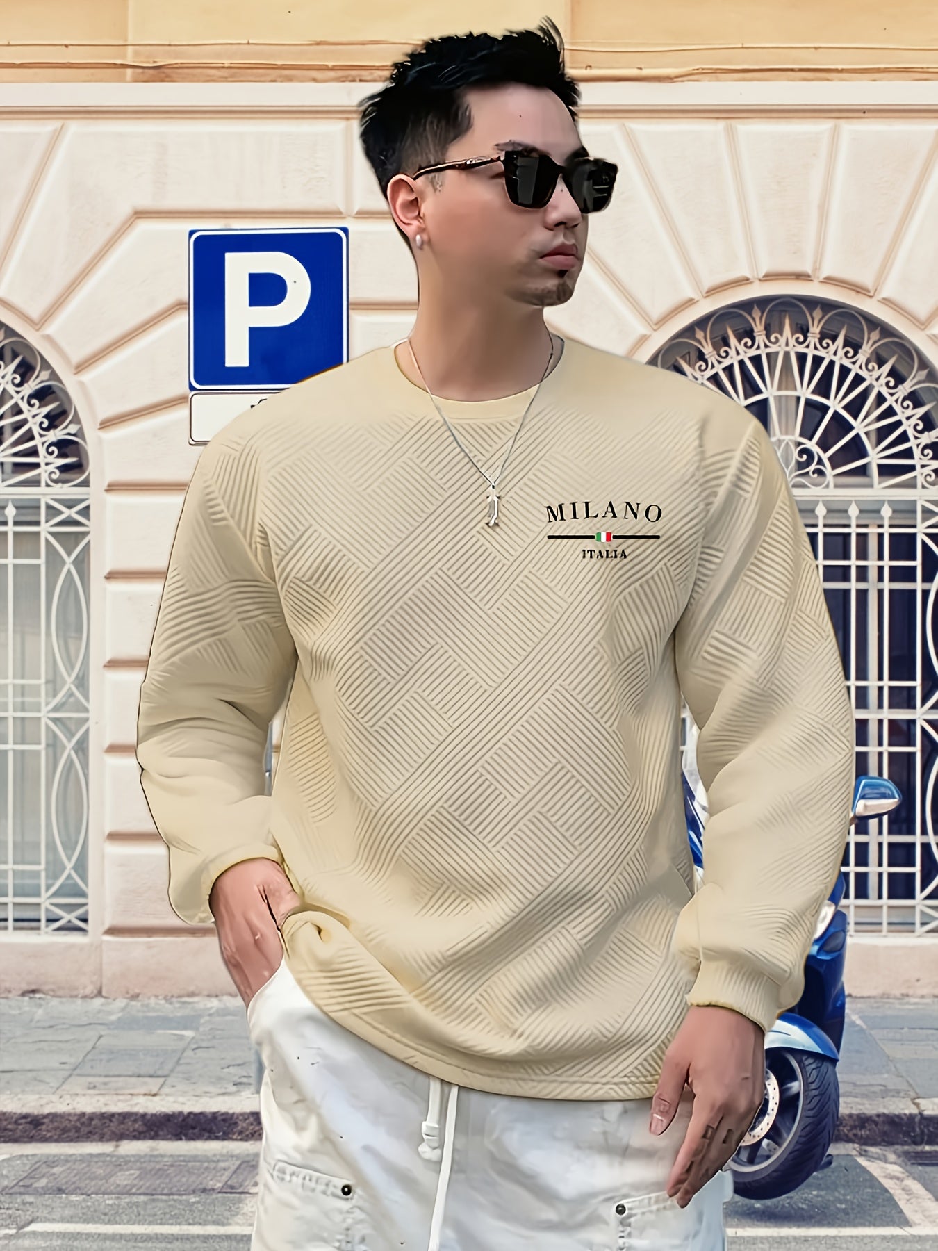 Sweat-shirt ras du cou jacquard homme – Pull décontracté à manches longues motifs géométriques