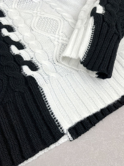 Elegant High-Neck Striped Blouse – Color-Block Knit Long Sleeve Top