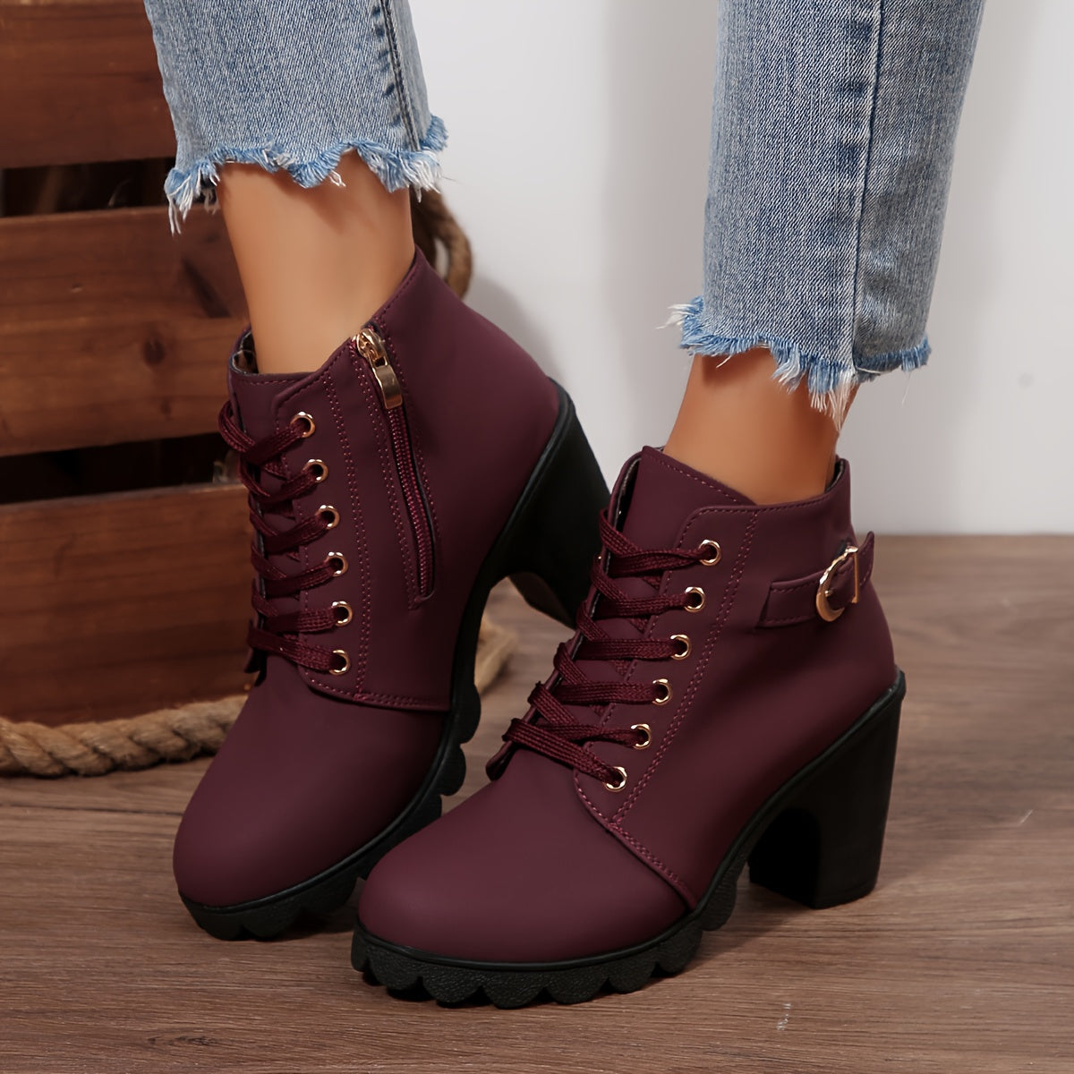 Botines de tacón alto para mujer - Tacón de bloque, elegantes, sin cordones