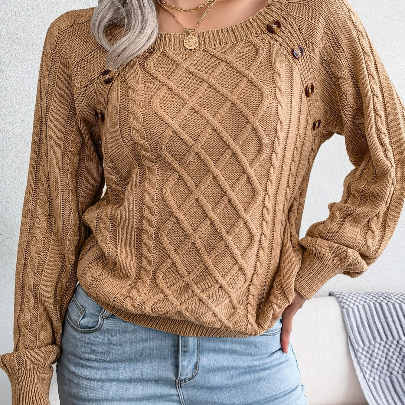 Women’s Textured Lantern Sleeve Sweater – Button Detail Knit Top