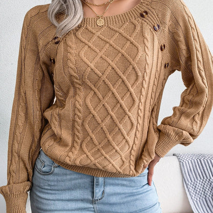 Women’s Textured Lantern Sleeve Sweater – Button Detail Knit Top