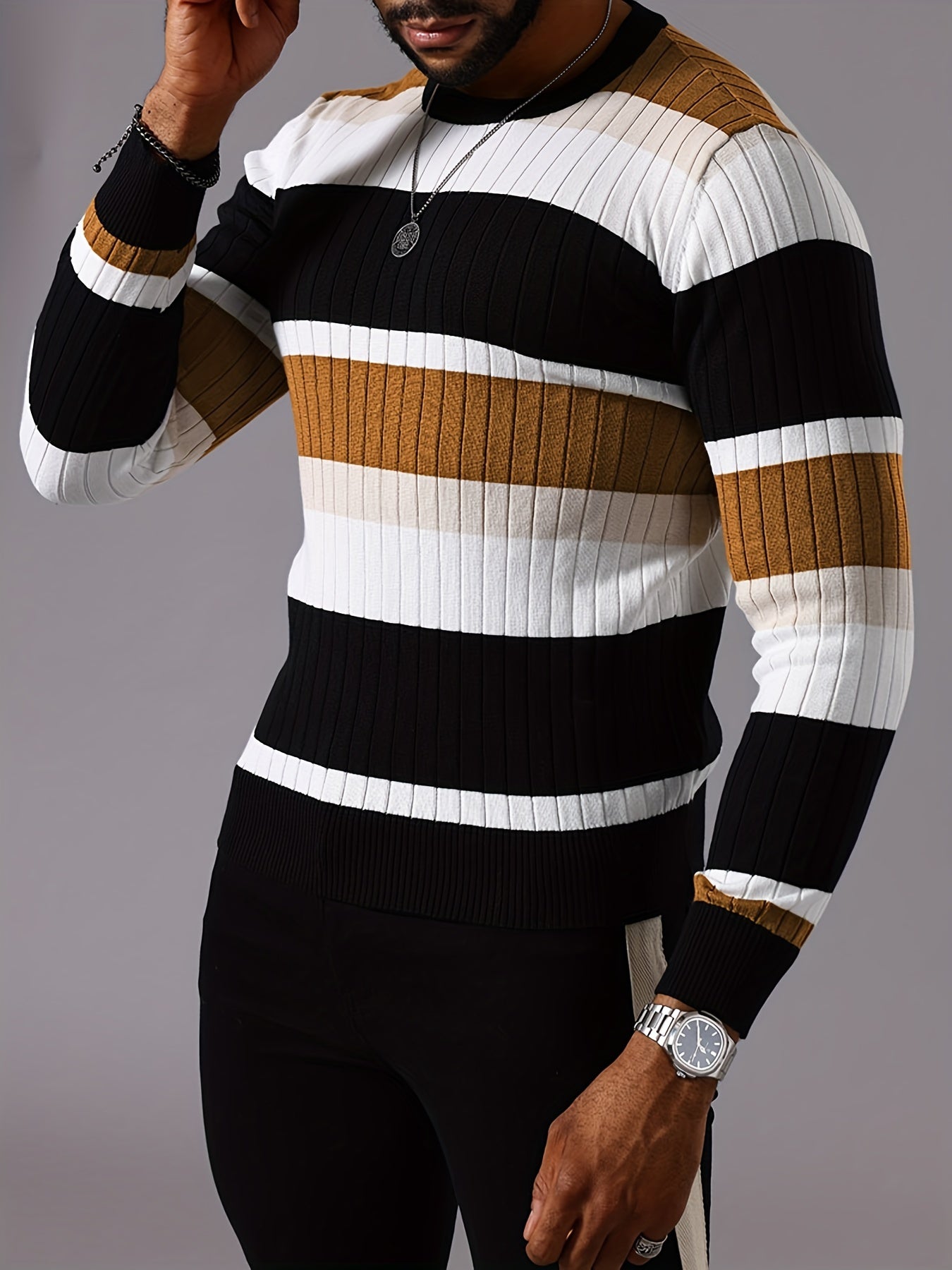 Men’s Striped Ribbed Knit Sweater – Color-Block Fall Winter Pullover