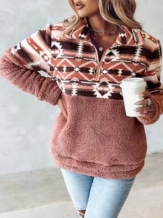 Geo Pattern Teddy Sweatshirt – Half-Zip Fleece Pullover for Fall & Winter