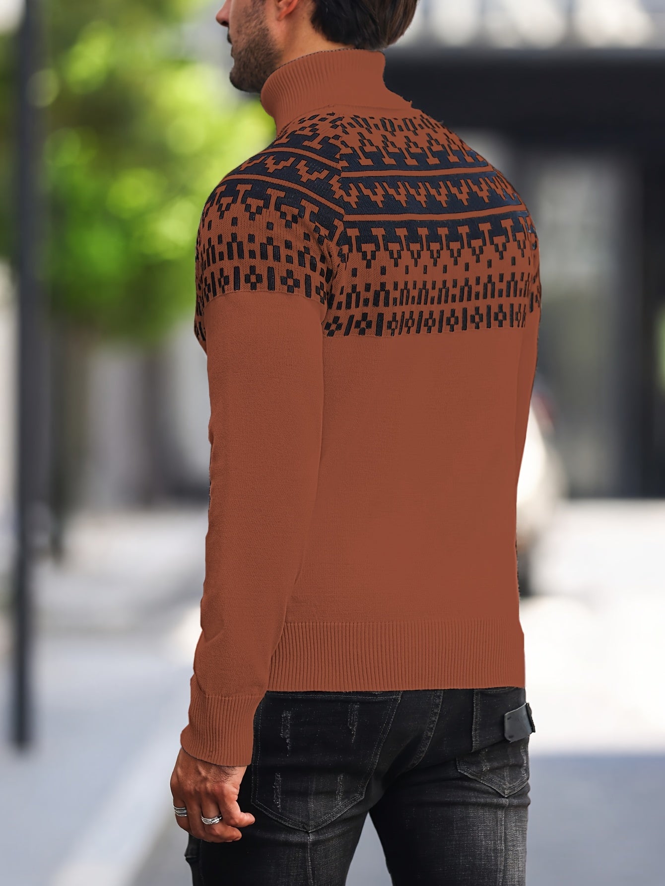 Suéter de cuello alto geométrico para hombre - Suéter informal de punto para otoño e invierno