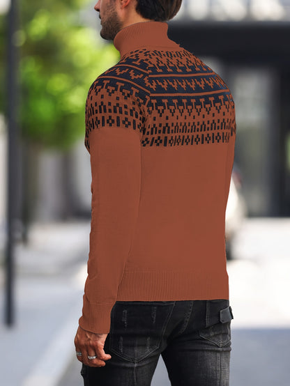 Suéter de cuello alto geométrico para hombre - Suéter informal de punto para otoño e invierno