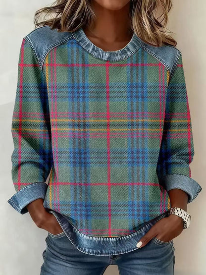 Sudadera de retazos de mezclilla para mujer - Sudadera floral con cuello redondo
