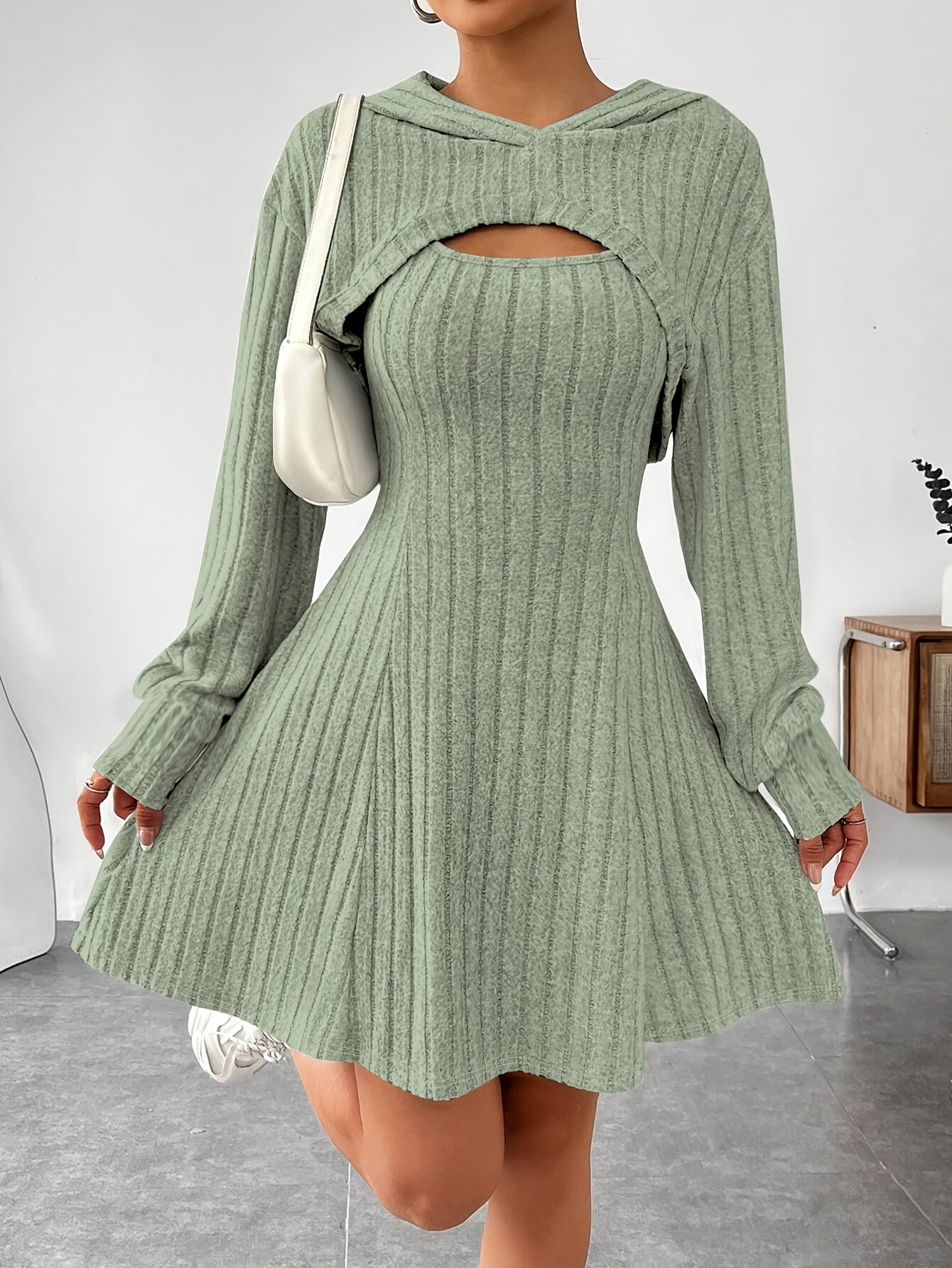 Women’s Ribbed Two-Piece Dress Set – Hooded Short Top & Bodycon Dress