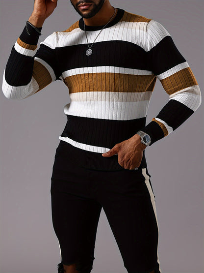 Men’s Striped Ribbed Knit Sweater – Color-Block Fall Winter Pullover