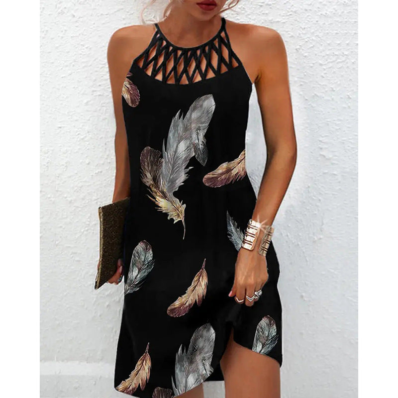 Printed Halter Summer Dress – Casual A-Line Midi Dress for Women