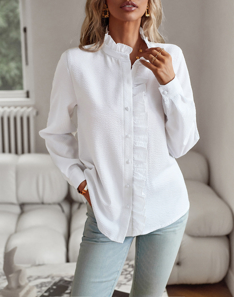 Loom & Soul™ Striped Ruffle Button-Up Blouse – Elegant Long-Sleeve Office & Casual Shirt for Women