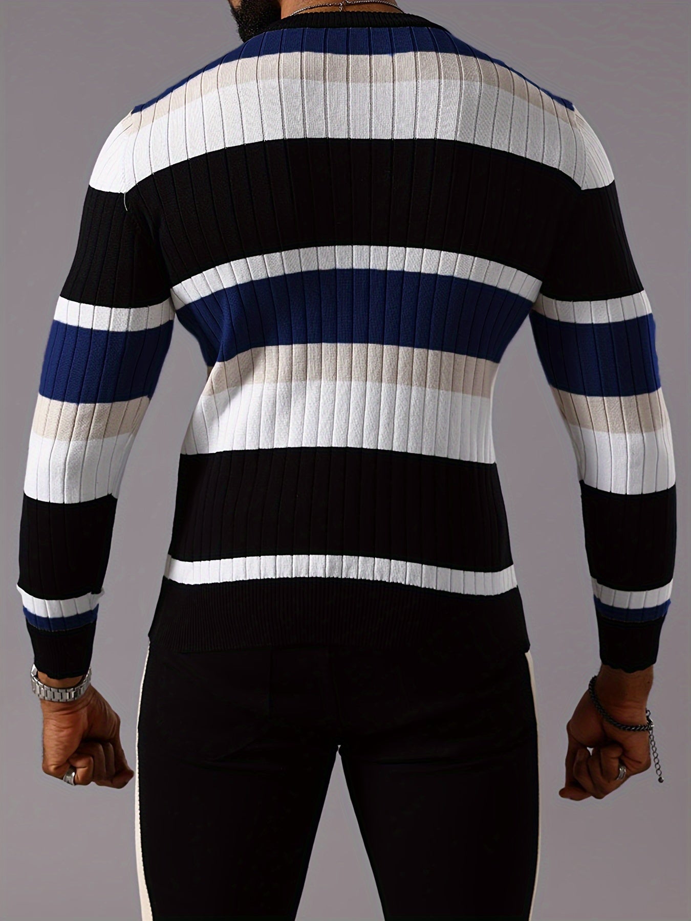 Men’s Striped Ribbed Knit Sweater – Color-Block Fall Winter Pullover