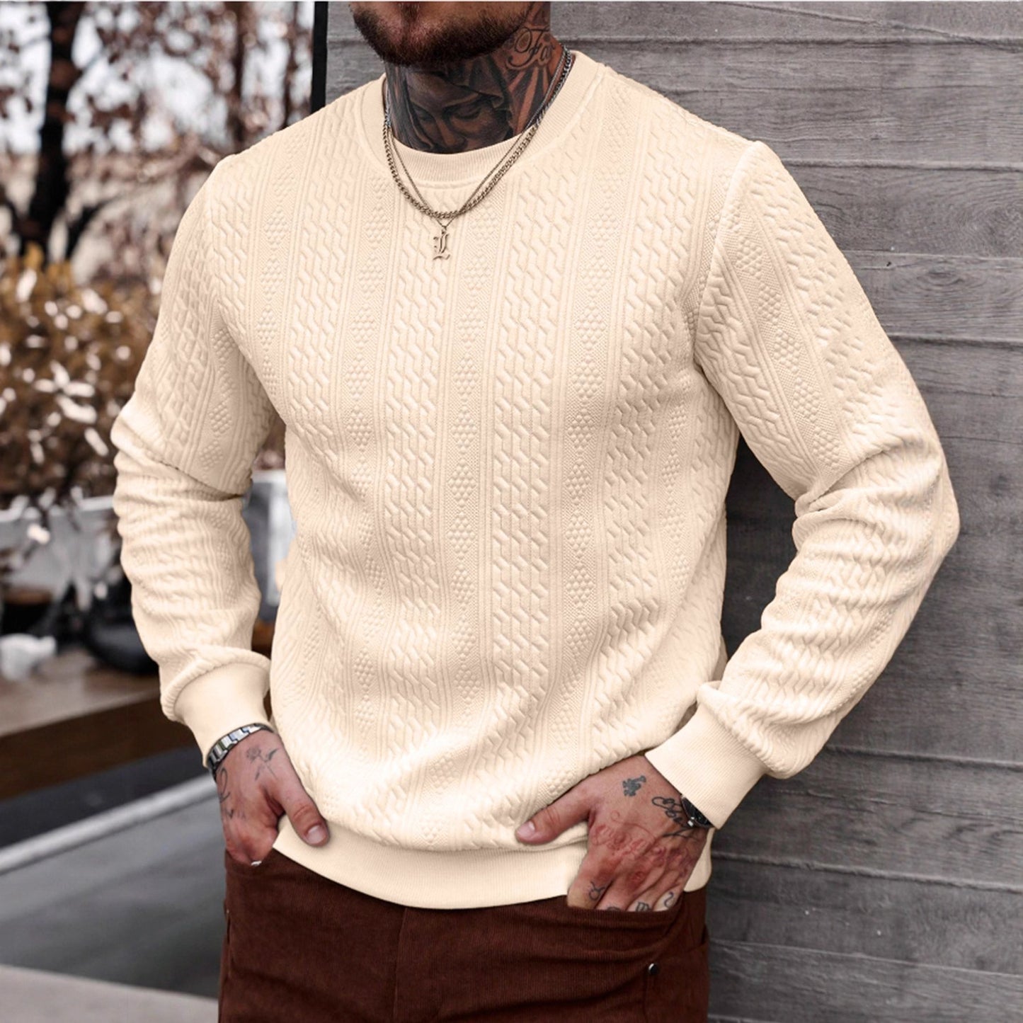Sweat à capuche jacquard col rond homme – Haut léger coupe ample