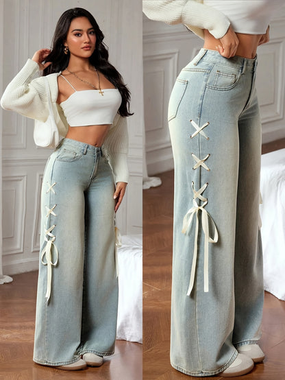 Jean droit papillon pour femme – Taille haute décontracté jambe large en denim