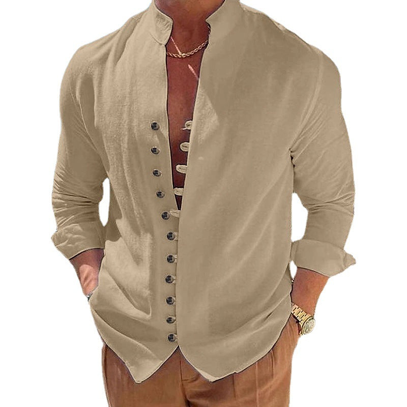 Chemise homme col mao en coton et lin – Cardigan décontracté coupe ample
