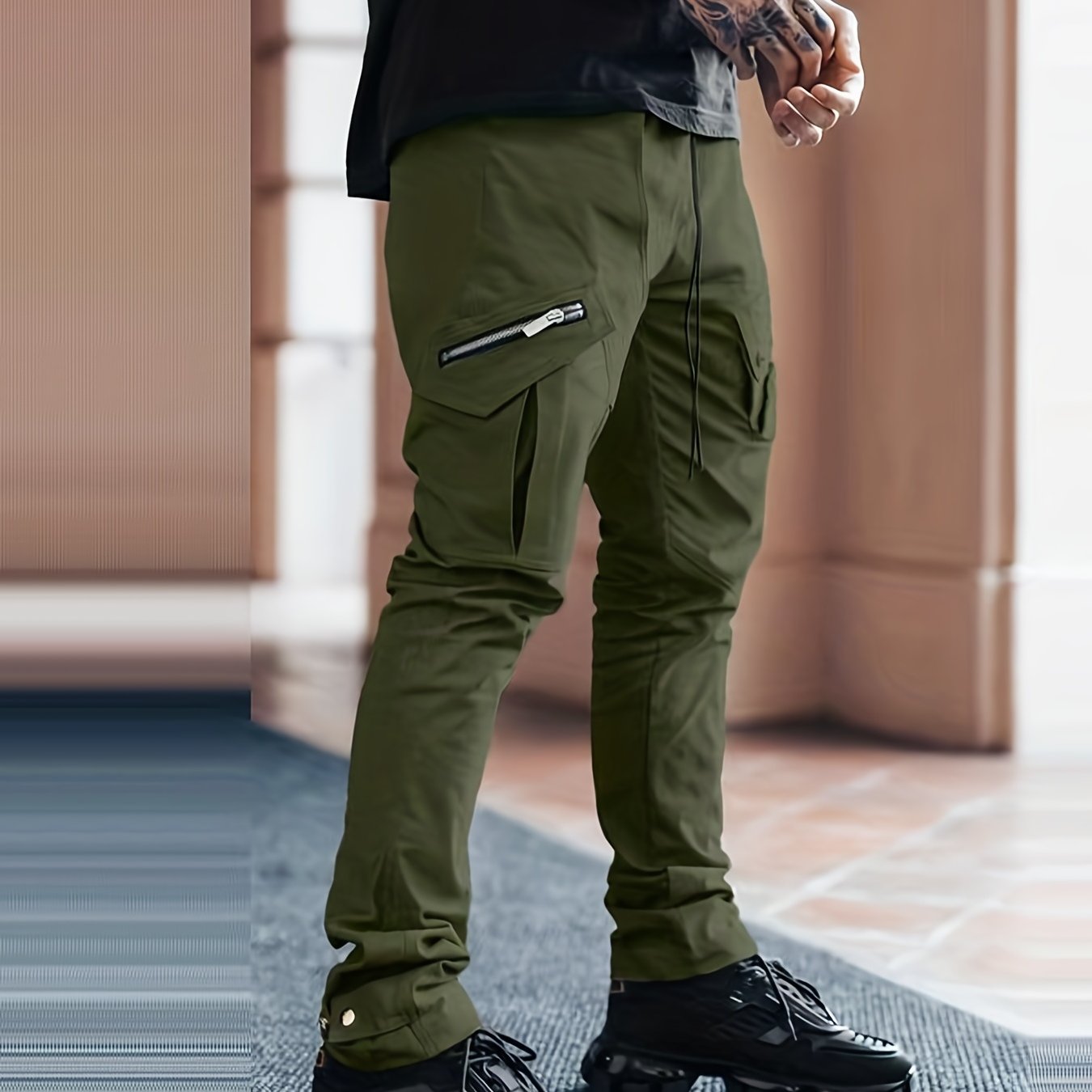 Men’s Black Cargo Pants – Multi-Pocket Drawstring Streetwear Trousers