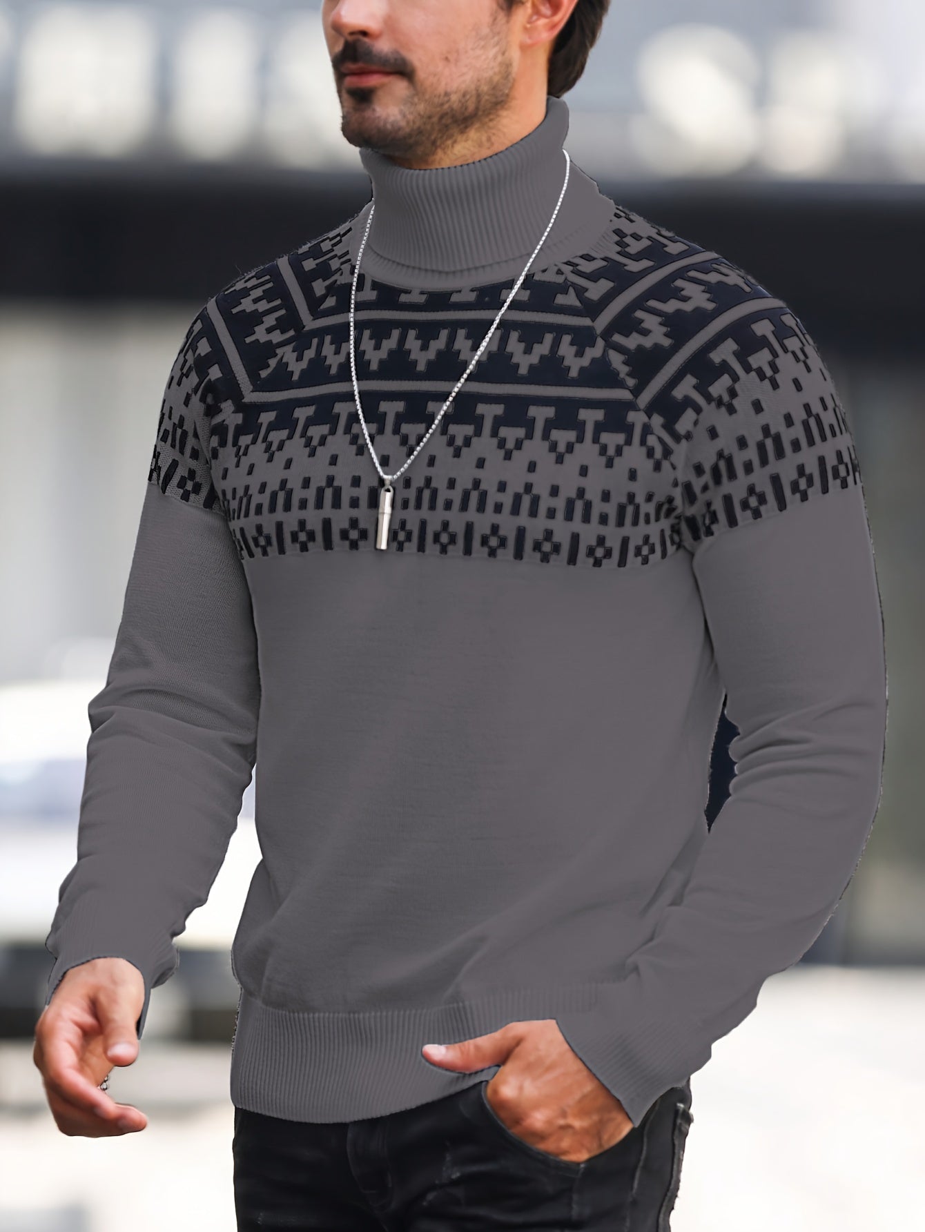 Suéter de cuello alto geométrico para hombre - Suéter informal de punto para otoño e invierno