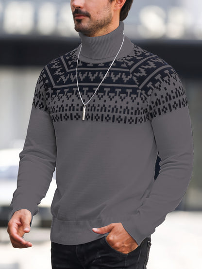 Suéter de cuello alto geométrico para hombre - Suéter informal de punto para otoño e invierno