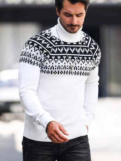 Suéter de cuello alto geométrico para hombre - Suéter informal de punto para otoño e invierno