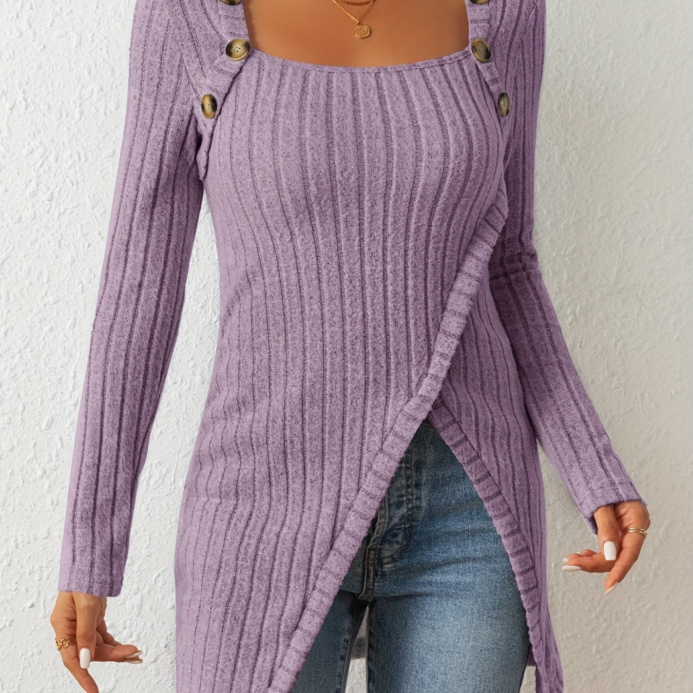 Women’s Slim Fit Knit T-Shirt – Square Neck Long Sleeve Top