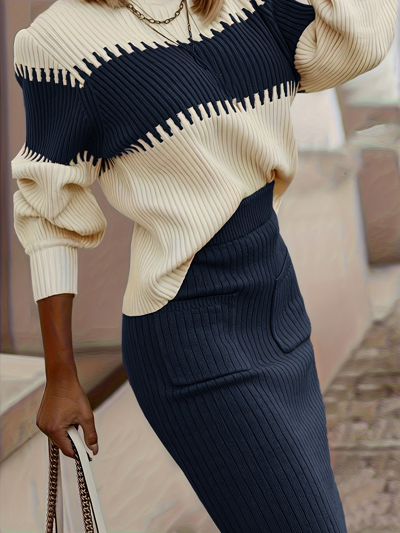 High Neck Color-Block Sweater & Skirt Set – Elegant Winter Two-Piece