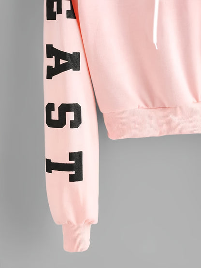 Women’s Pink Letter Hoodie – East/West Print Casual Streetwear