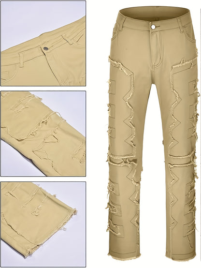 Men's Distressed Slim-Fit Jeans – Layered Rips & Patchwork Street Denim