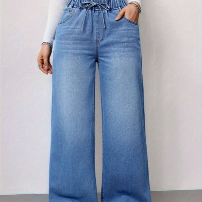 Women’s High-Waist Wide-Leg Jeans – 2025 Stretch Drawstring Denim