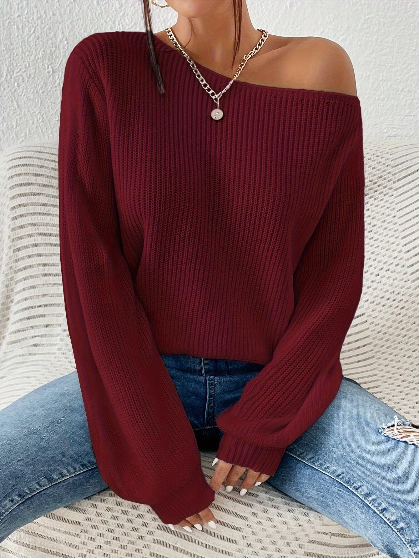 Women’s Asymmetrical Neck Sweater – Elegant Spring/Fall Pullover