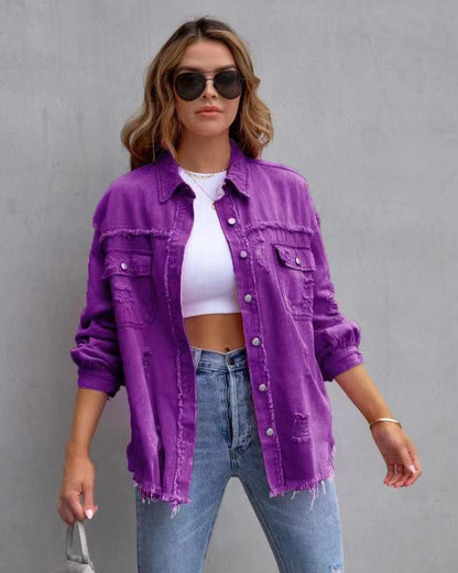 Loom & Soul Women’s Ripped Shirt Jacket – Casual Loose Fit Button-Up Top for Spring & Autumn