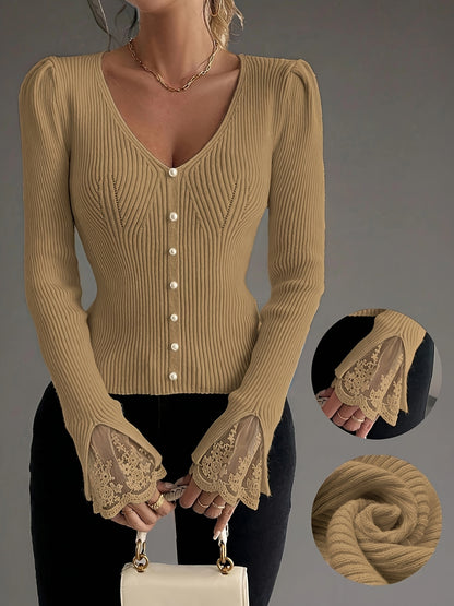 Women’s Elegant Pink V-Neck Pullover – Ribbed Long Sleeve Knit Top