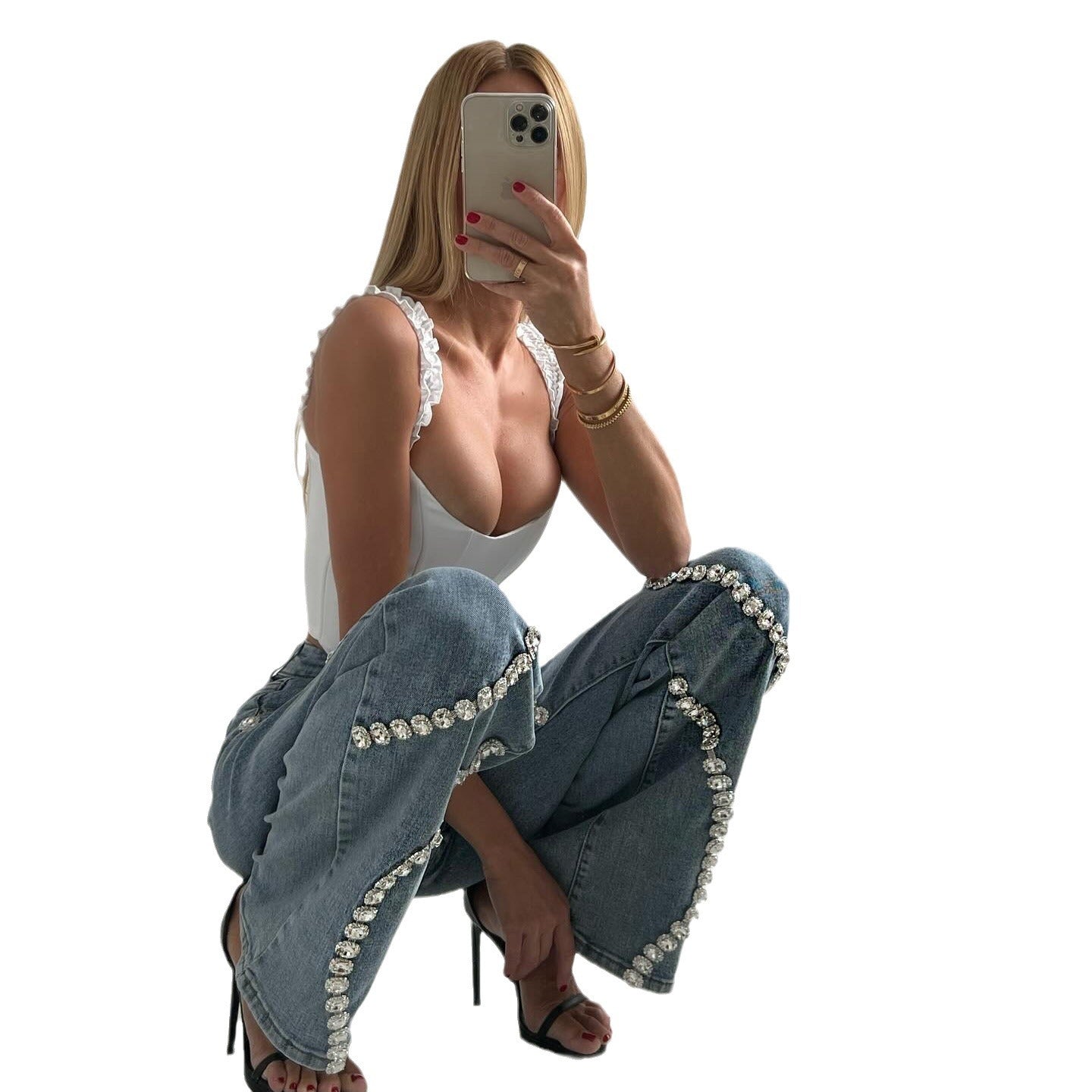 Loom & Soul™ Rhinestone Straight-Leg Jeans – Women’s High-Style Street Denim Pants