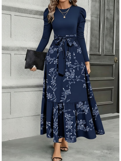 Robe longue portefeuille bleu marine à imprimé floral – Robe trapèze élégante de style rétro