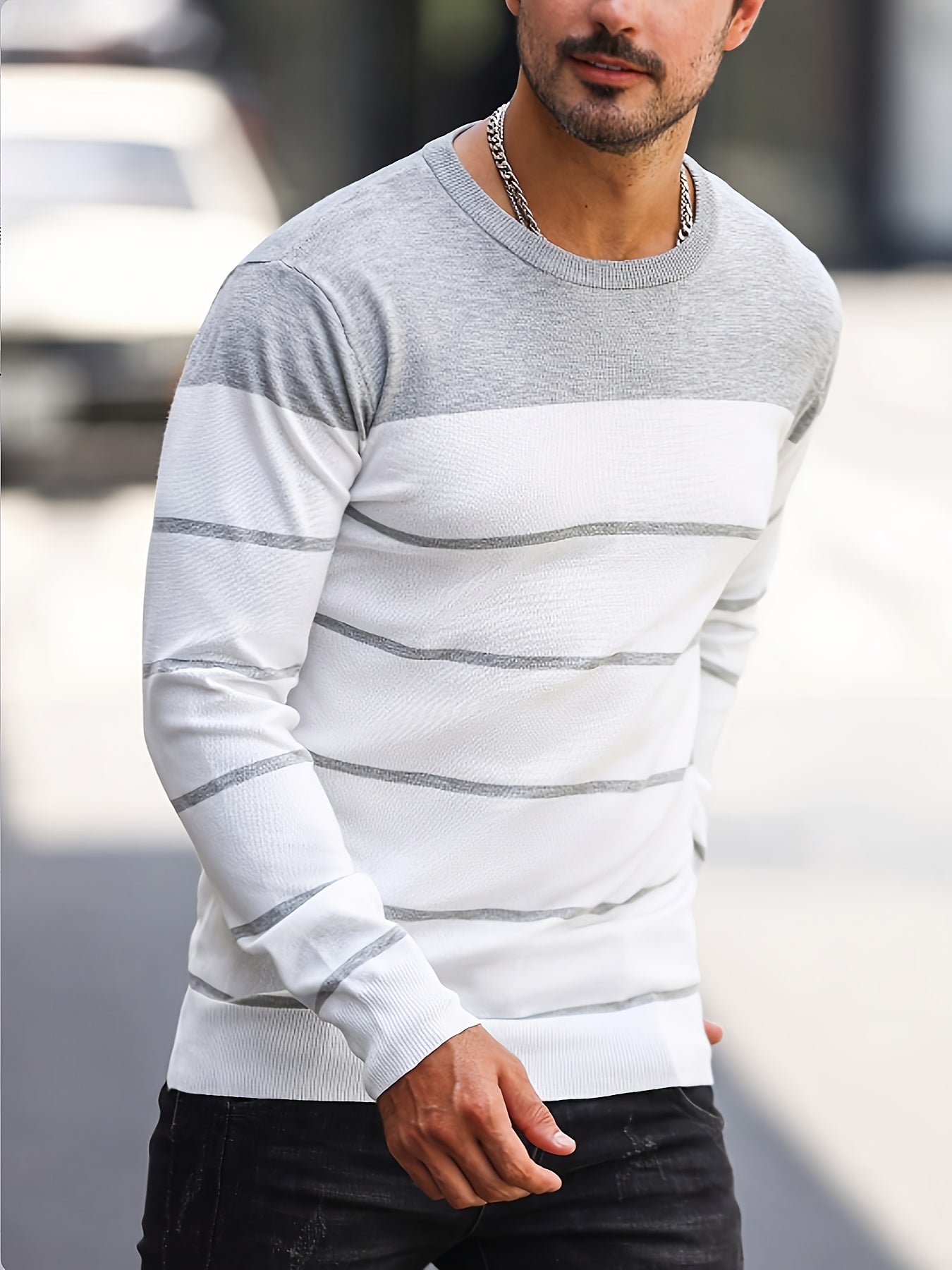 Pull tricoté rayé bleu marine pour homme – Col rond décontracté