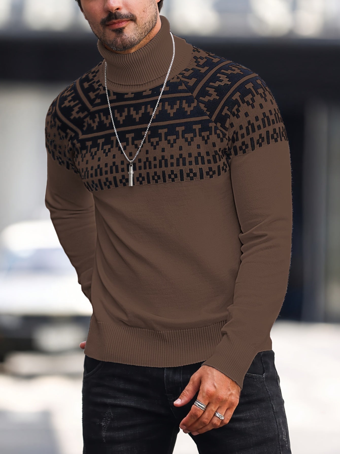 Suéter de cuello alto geométrico para hombre - Suéter informal de punto para otoño e invierno