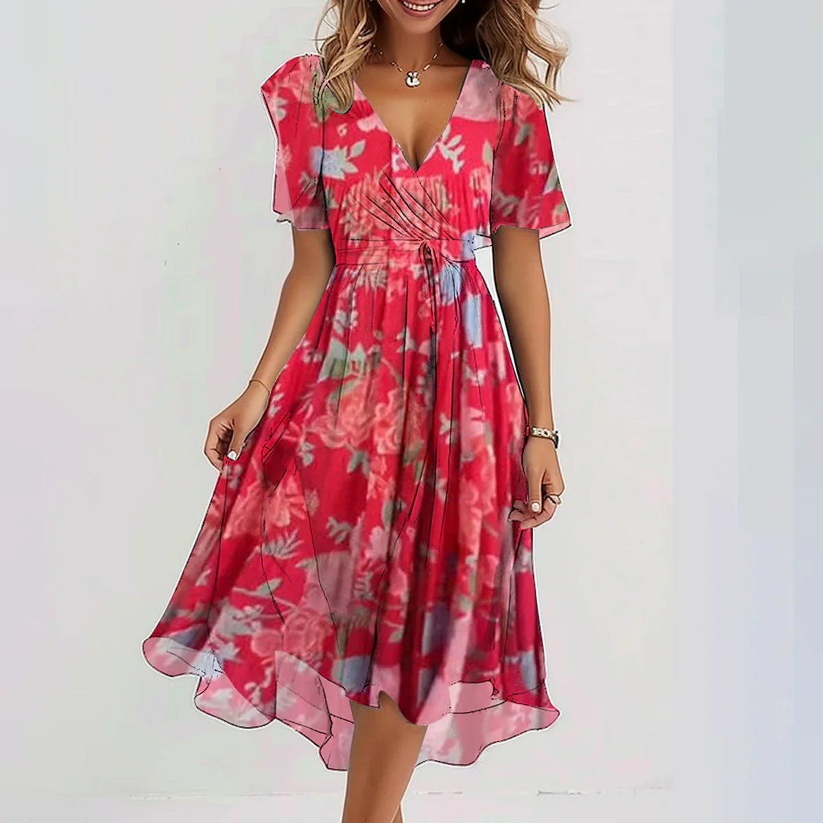 Loom & Soul™ Chiffon Floral Dress – Women’s Elegant V-Neck Short Sleeve Summer Midi Dress