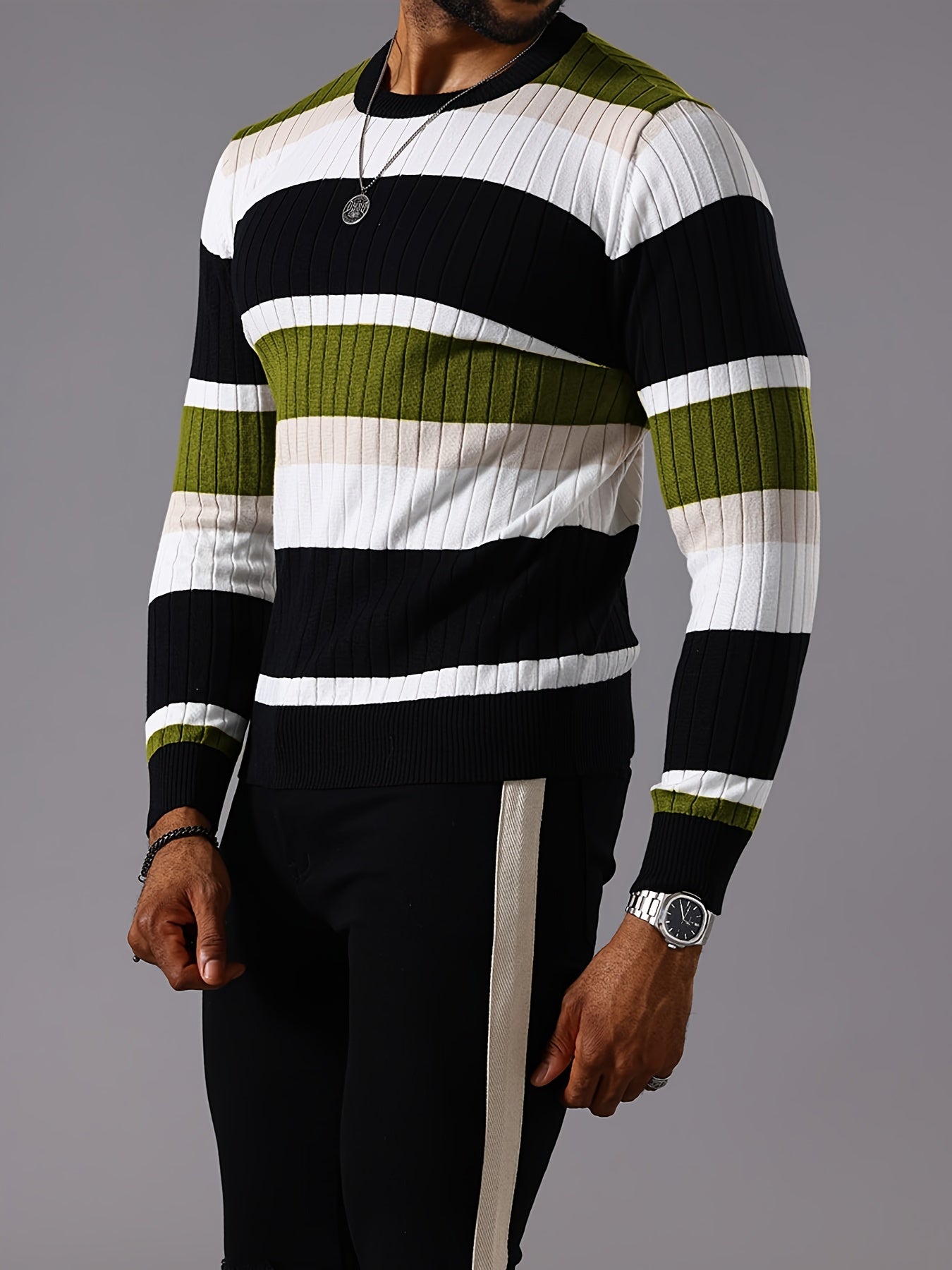 Men’s Striped Ribbed Knit Sweater – Color-Block Fall Winter Pullover