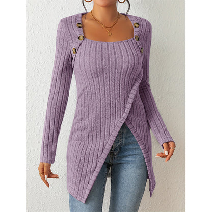 Women’s Off-Shoulder Square-Neck Slit Sweater – Elegant Knit Top