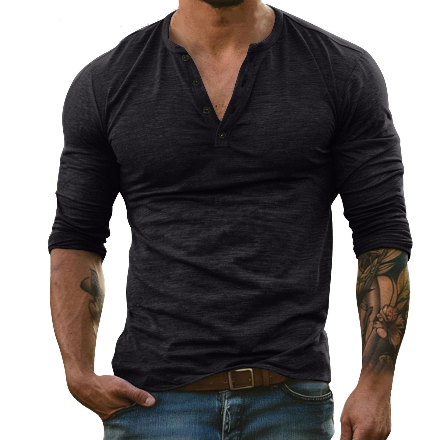 Camiseta de manga larga de mezcla de bambú para hombre - Cuello redondo informal de algodón suave