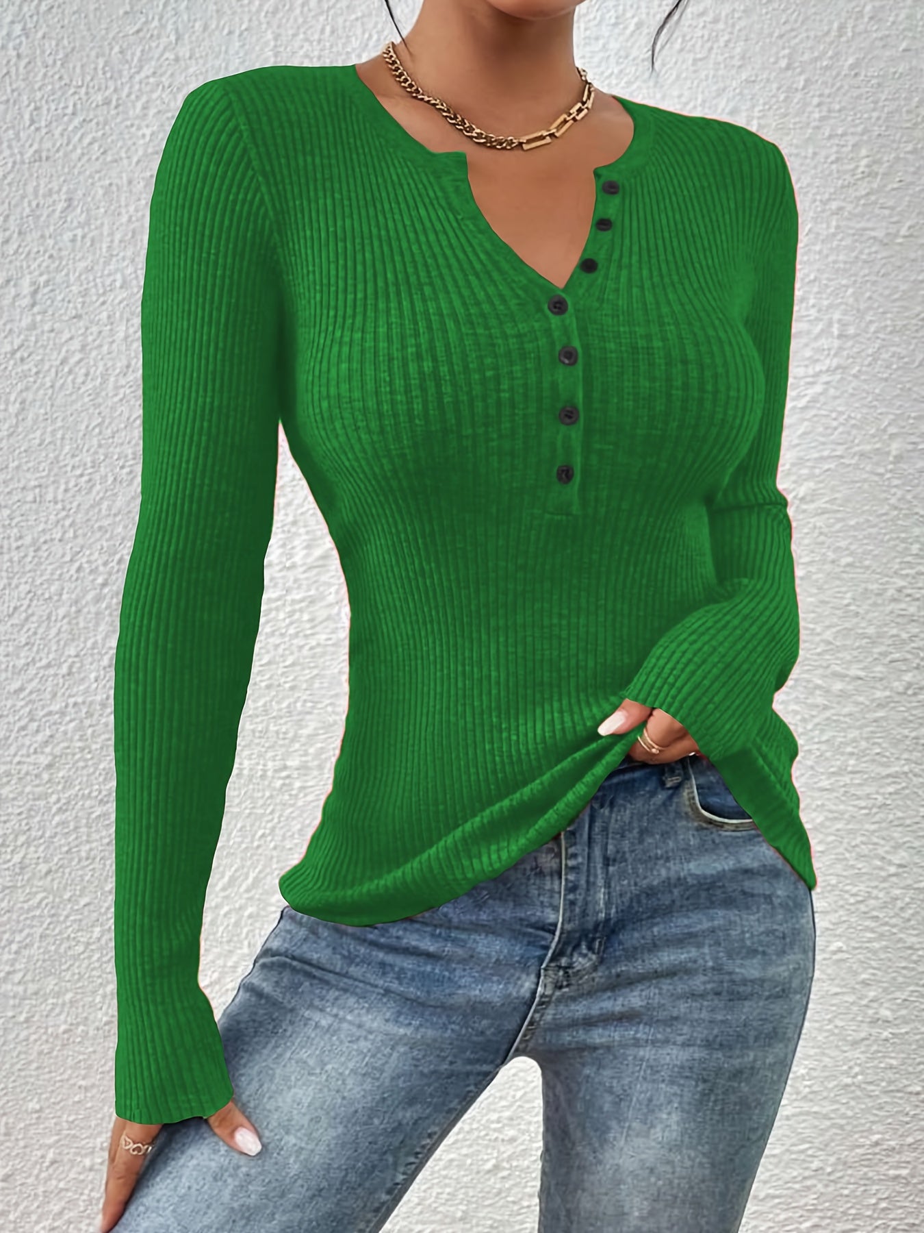 Elegant V-Neck Button Sweater – Women’s Soft Long Sleeve Fall/Winter Knit